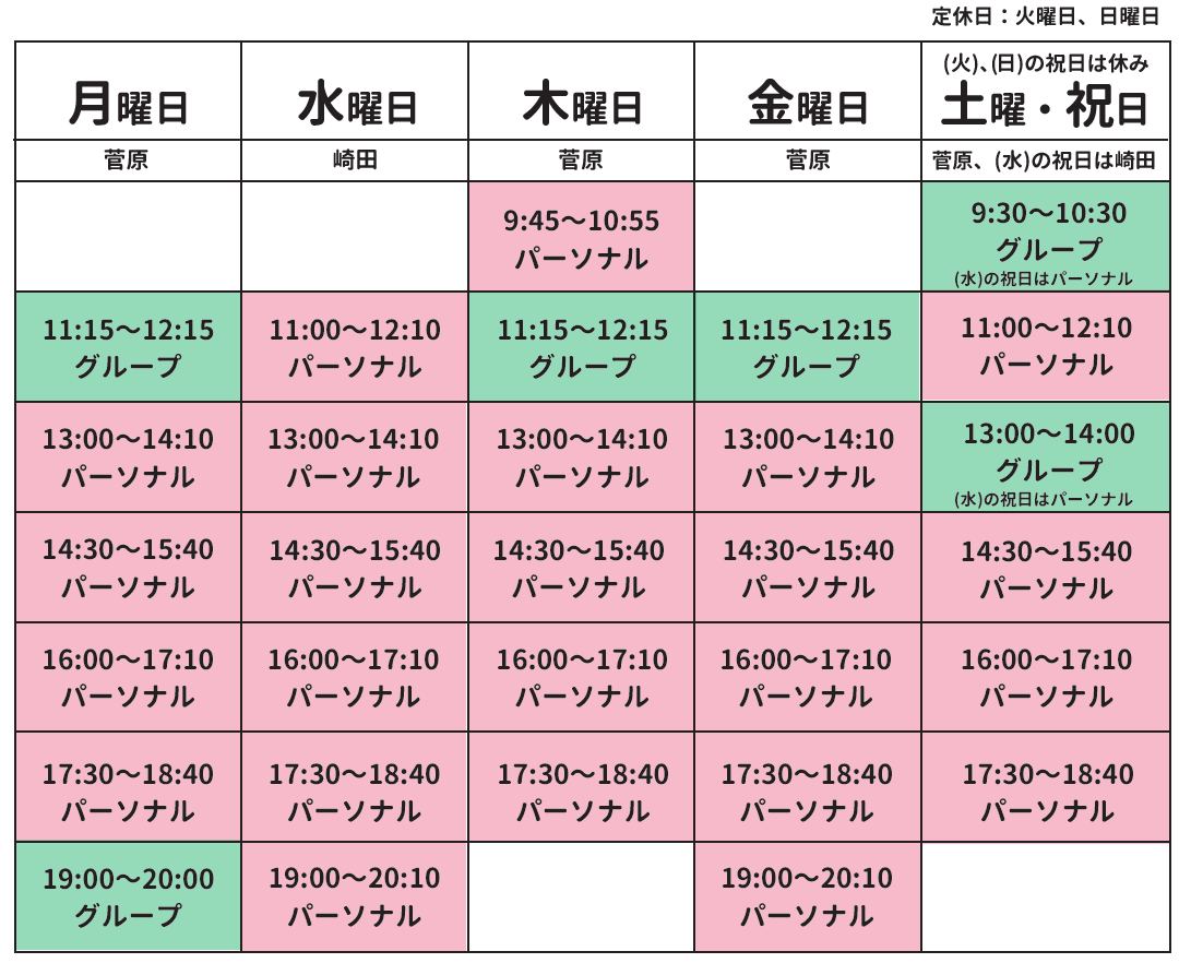 北の森メディカルフィットネスタイムテーブル